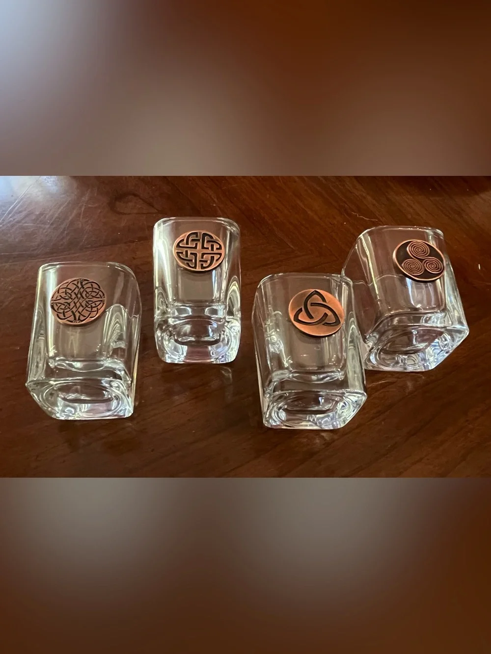VTG Robert Emmet Co. Celtic Design Shot Glasses Set of 4 Fine Pewter Medallions